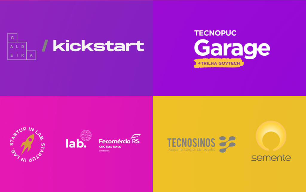 Imagem com os logotipos de programas e iniciativas de aceleração em que a Ella Lidera participou. No canto superior esquerdo, o logotipo do Caldeira Kickstart com cores roxas e letras brancas. No canto superior direito, o logotipo do Tecnopuc Garage com a trilha GovTech destacado em roxo e amarelo. No canto inferior esquerdo, o logotipo do Startup In Lab com o selo da Fecomércio RS, em tons de rosa e branco. No canto inferior direito, os logotipos do Tecnosinos e da Semente Negócios, em tons de azul e amarelo.